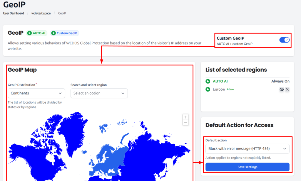 Sample GeoIP options - Allow Europe, block (with error page) every other continent