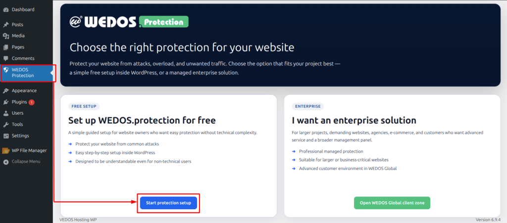 Free WEDOS.protection setup via WordPress plugin