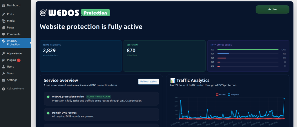 Active WEDOS.protection in WordPress plugin