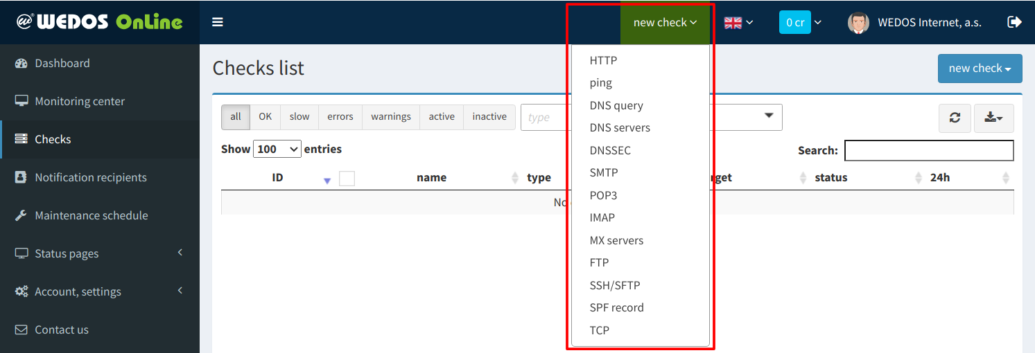 OnLine - Checks - WEDOS Documentation & Knowledge Base