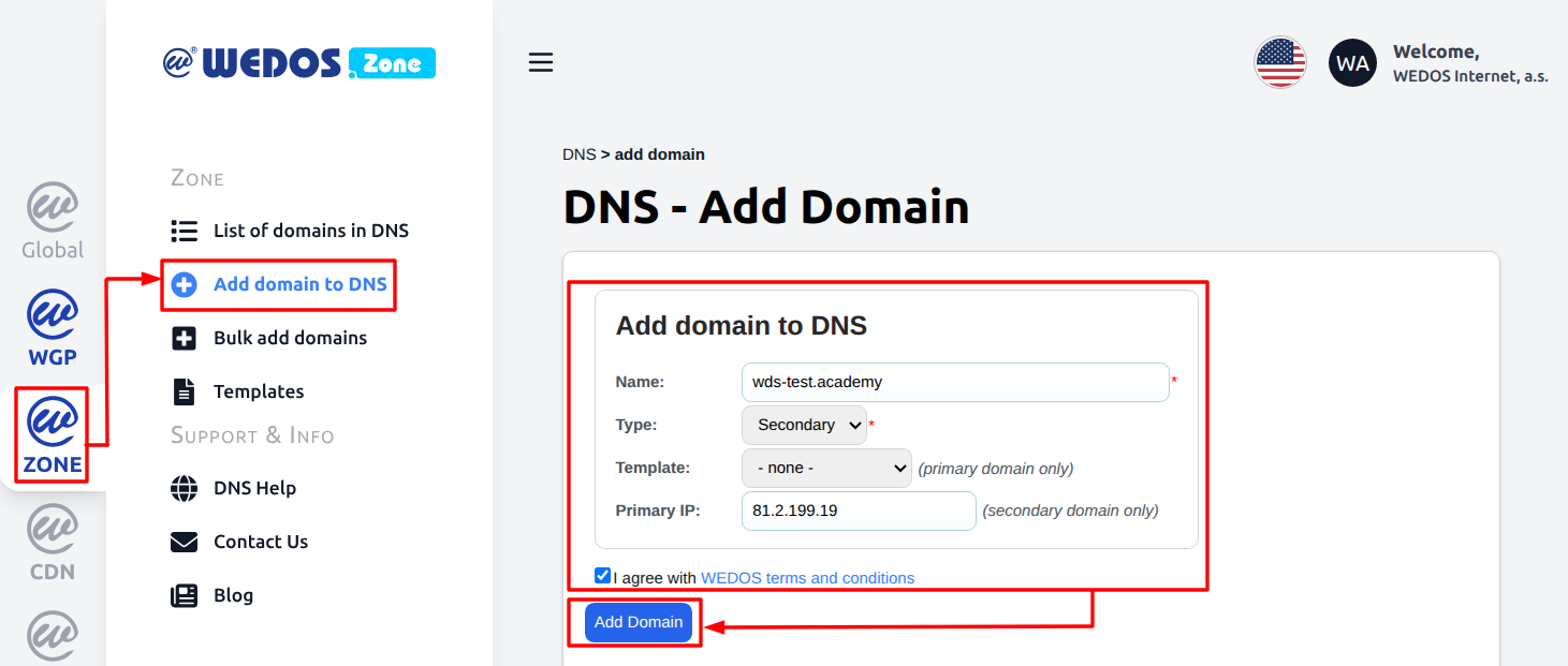 Zone - Add Domain to DNS - WEDOS Documentation & Knowledge Base
