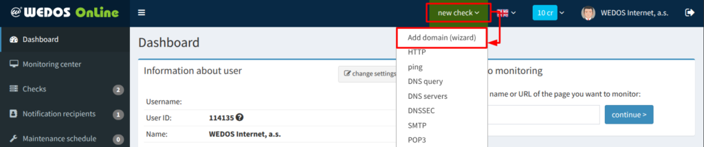 Spuštění průvodce nastavením služby WEDOS.online