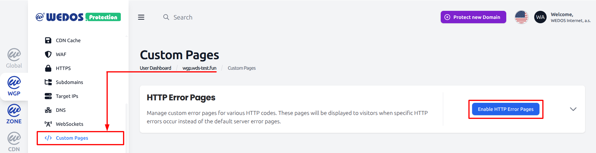 Protection - Custom Pages - WEDOS Documentation & Knowledge Base