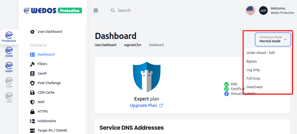 Access to WEDOS Protection Mode dropdown